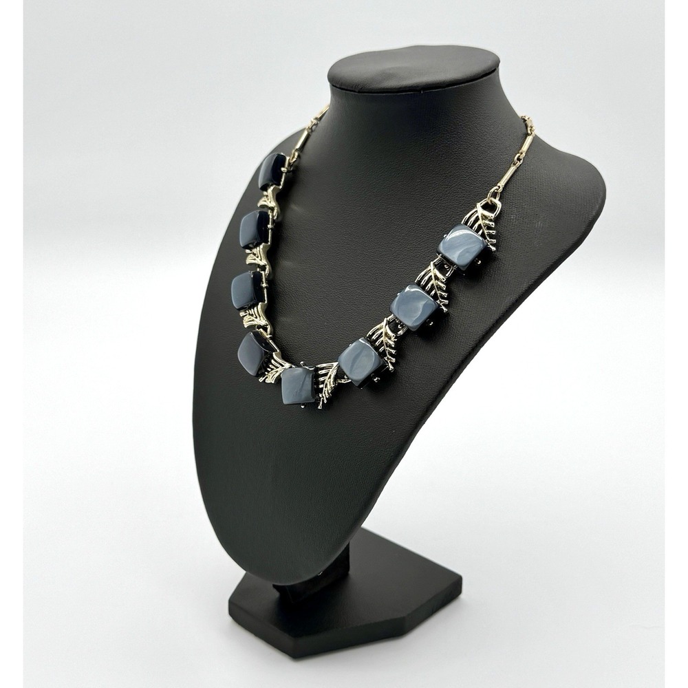 Vintage Coro Thermoset Necklace Blue Gray‎ Leaf Choker Gold Tone Mid Century